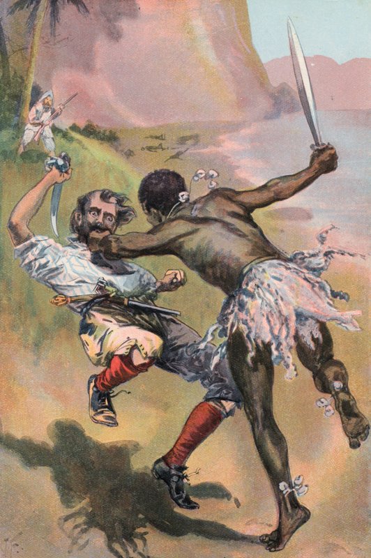 Robinson Crusoe: Spanieren blir angrepet av en villmann (farge litho) av Joseph (after) Finnemore