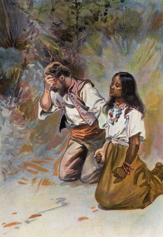 Robinson Crusoe: De knelte begge ned sammen (farge litho) av Joseph (after) Finnemore