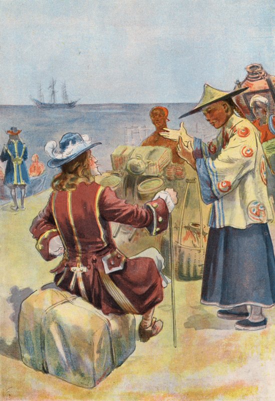 Robinson Crusoe: Handel med kinesiske kjøpmenn (farge litho) av Joseph (after) Finnemore