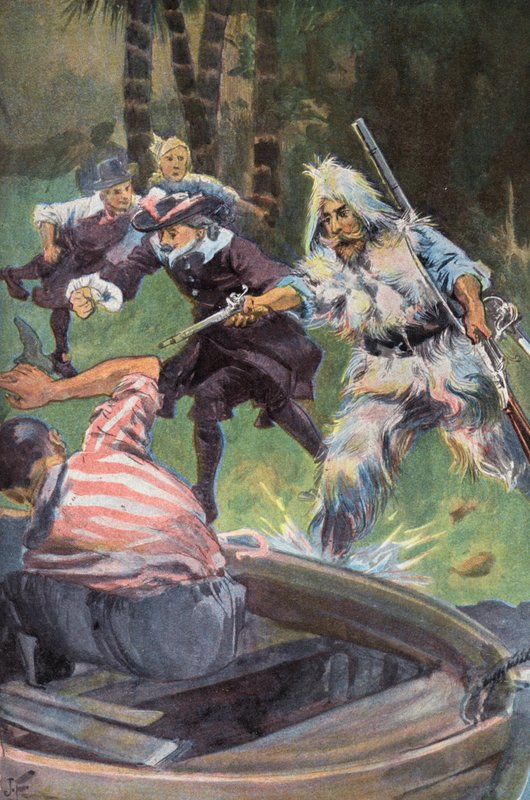 Robinson Crusoe: Vi ber ham om å gi etter (farge litho) av Joseph (after) Finnemore