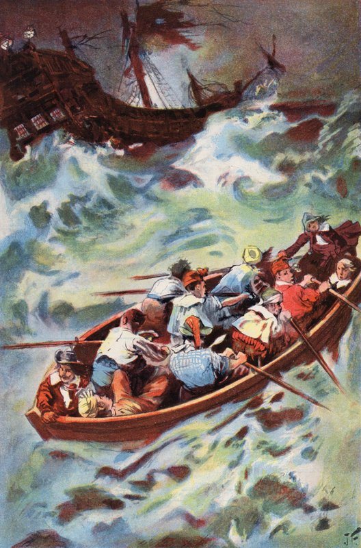 Robinson Crusoe: Vi forlater vraket (farge litho) av Joseph (after) Finnemore