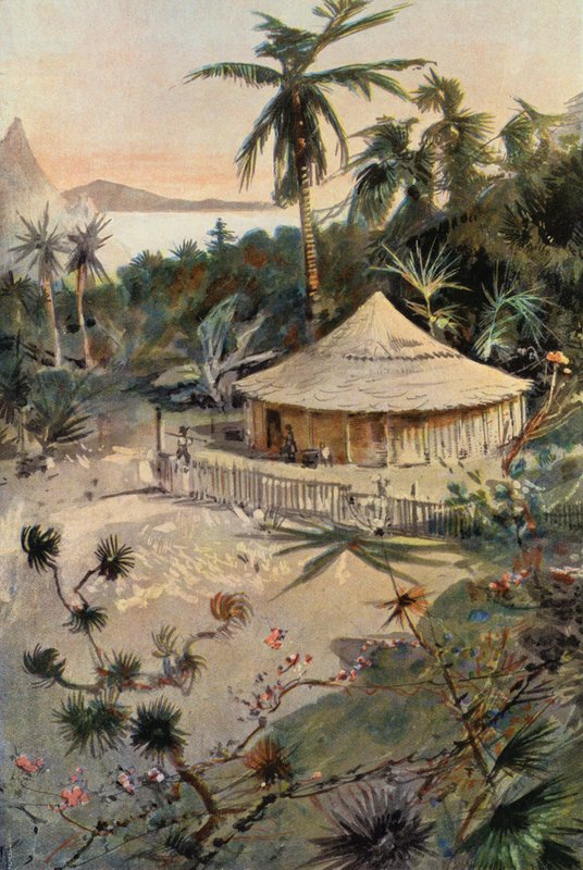 Robinson Crusoe: Will Atkins' telt (farge litho) av Joseph (after) Finnemore