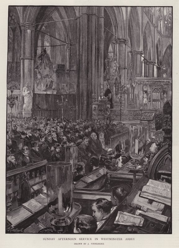 Søndag ettermiddagsgudstjeneste i Westminster Abbey, London (litho) av Joseph (after) Finnemore