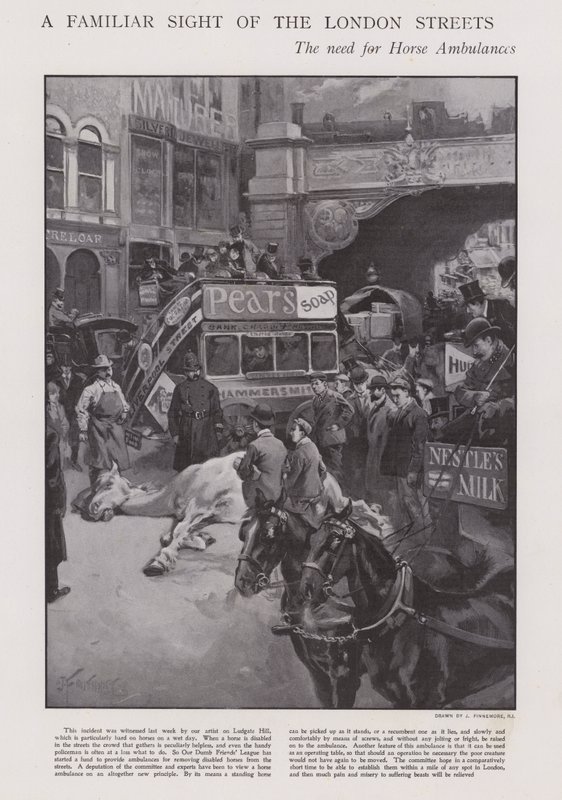 Behovet for hesteambulanser på gatene i London (litho) av Joseph (after) Finnemore