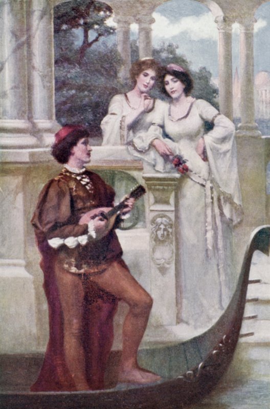 Ung mann spiller musikk til to damer (farge litho) av Joseph (after) Finnemore