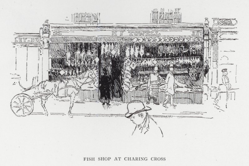 Fiskebutikk på Charing Cross (litho) av Joseph (after) Pennell