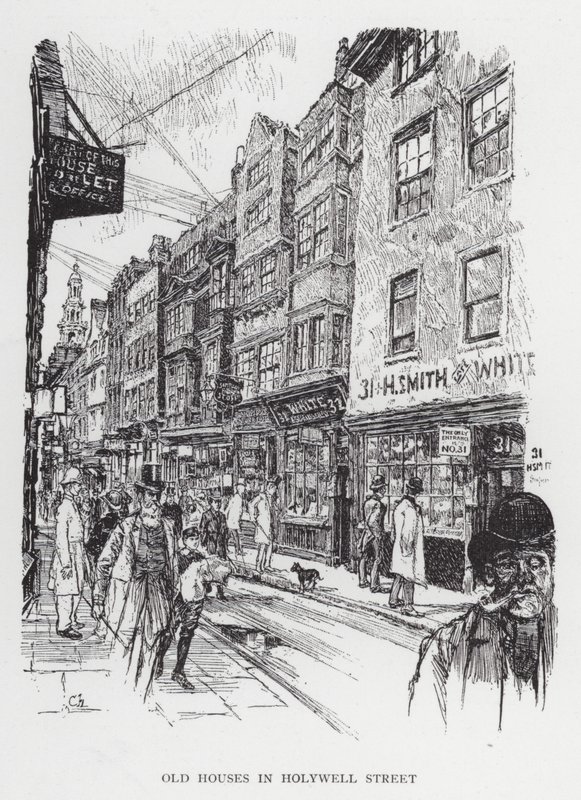 Gamle hus i Holywell Street (litho) av Joseph (after) Pennell