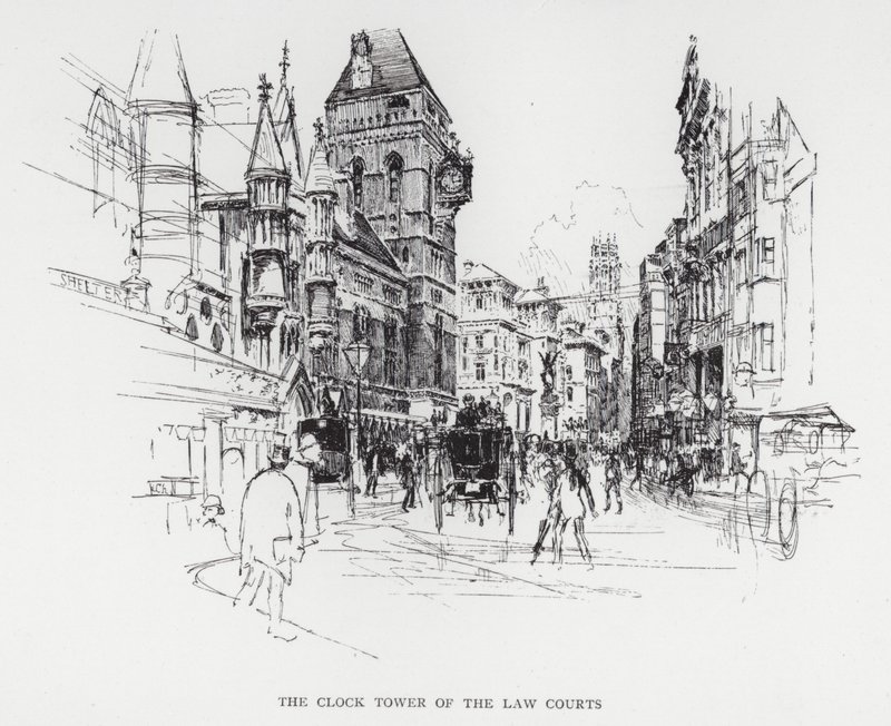 Clock Tower of the Law Courts (litho) av Joseph (after) Pennell