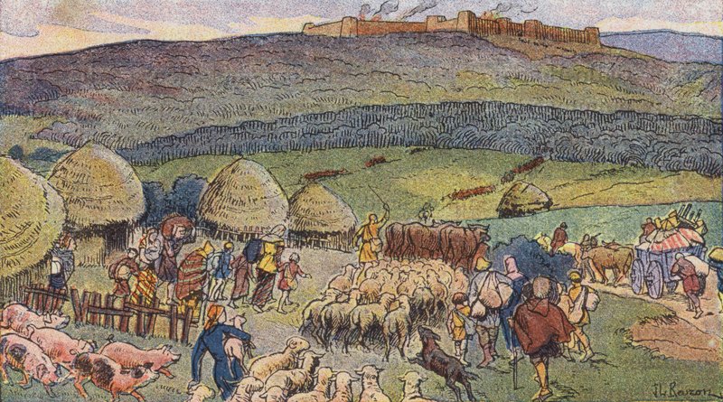Bibracte, en by i Gallia bebodd av smeder og et tilfluktssted i tider med fare (farge litho) av Joseph Beuzon