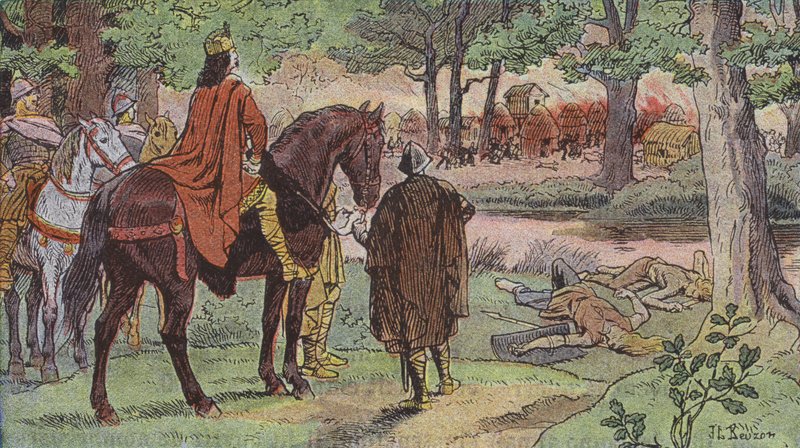 Charlemagnes hær brenner en tysk landsby og massakrerer innbyggerne (farge litho) av Joseph Beuzon