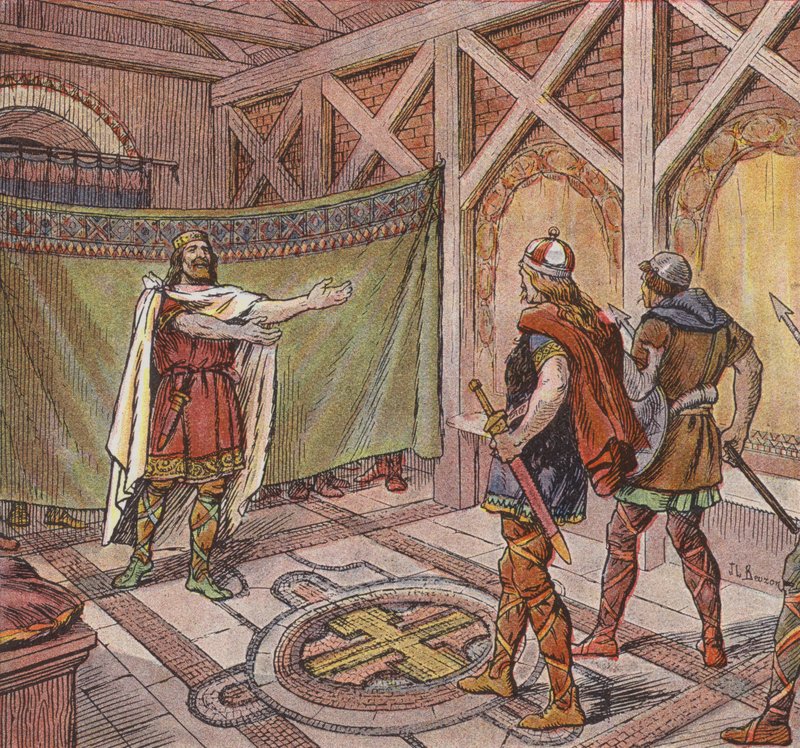 Chlothar I ser føttene til leiemorderne som ble beordret til å drepe ham av broren Theuderic (farge litho) av Joseph Beuzon