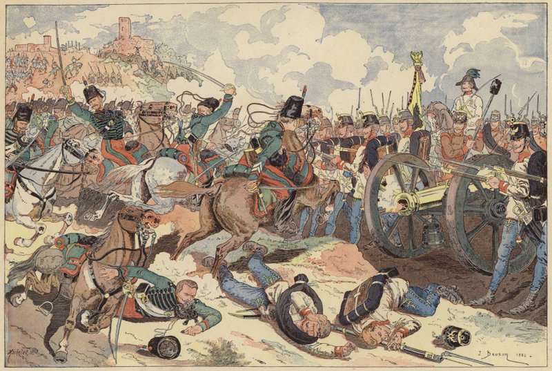 Slaget ved Solferino, Italia, andre italienske uavhengighetskrig, 24. juni 1859 (farge litho) av Joseph Charles (after) Beuzon
