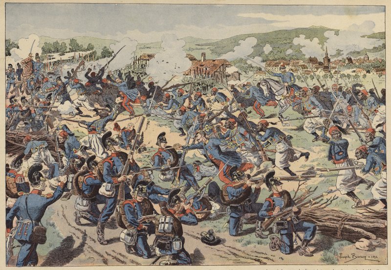 Slaget ved Wissembourg, fransk-prøyssisk krig, 4. august 1870 (farge litho) av Joseph Charles (after) Beuzon