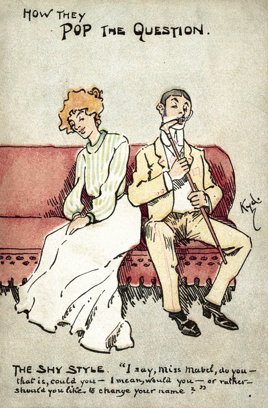 Hvordan stille spørsmålet, den sjenerte stilen (farge litho) av Joseph Clayton  Clarke