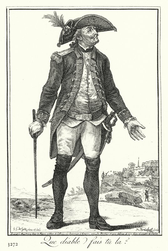 Hva i helvete gjør du der? (gravering) av Joseph Franz von (after) Goez