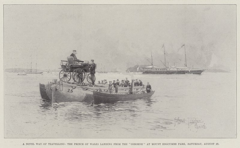 A Novel Way of Travelling, prinsen av Wales lander fra Osborne ved Mount Edgcumbe Park, lørdag 27. august av Joseph Holland Tringham