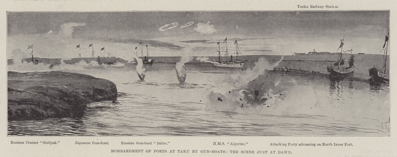 Bombardement av fortene ved Taku av Gun-Boats, scenen like ved daggry av Joseph Holland Tringham