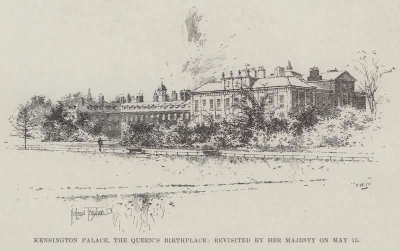 Kensington Palace, Dronningens fødested, besøkt av Hennes Majestet 15. mai av Joseph Holland Tringham
