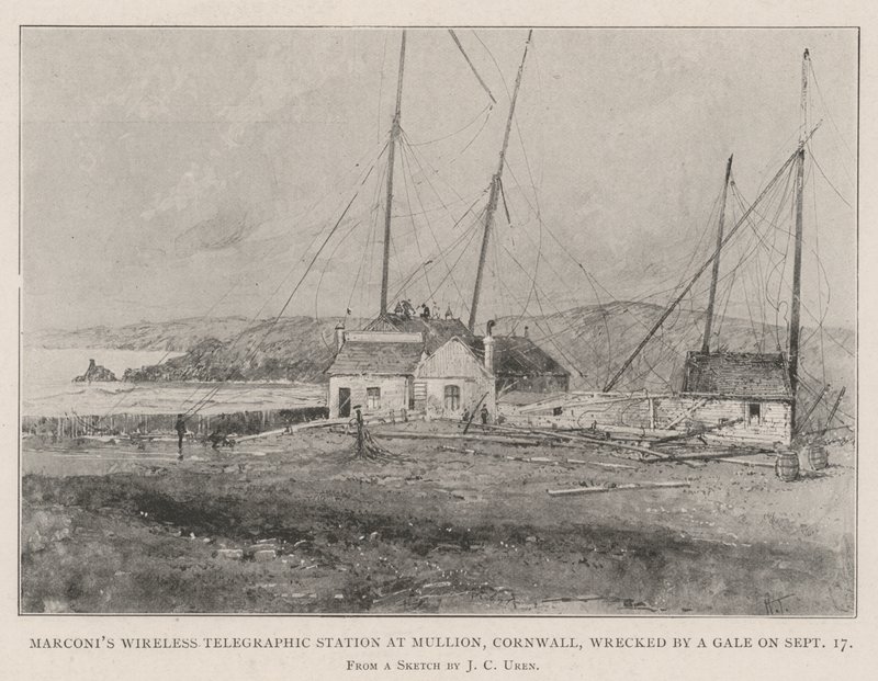 Marconis trådløse telegrafstasjon i Mullion, Cornwall, ødelagt av en kuling 17. september av Joseph Holland Tringham