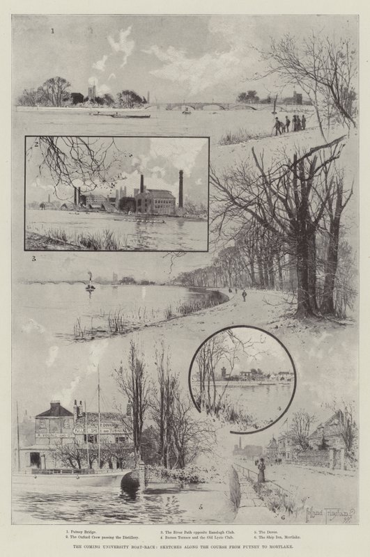The Coming University Boat-Race, skisser langs banen fra Putney til Mortlake av Joseph Holland Tringham
