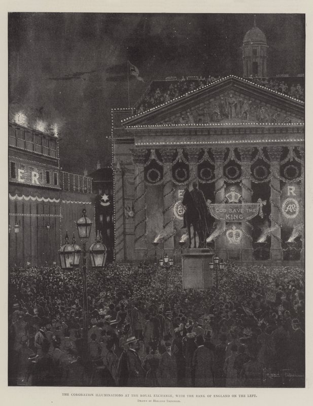 The Coronation Illuminations på Royal Exchange, med Bank of England til venstre av Joseph Holland Tringham