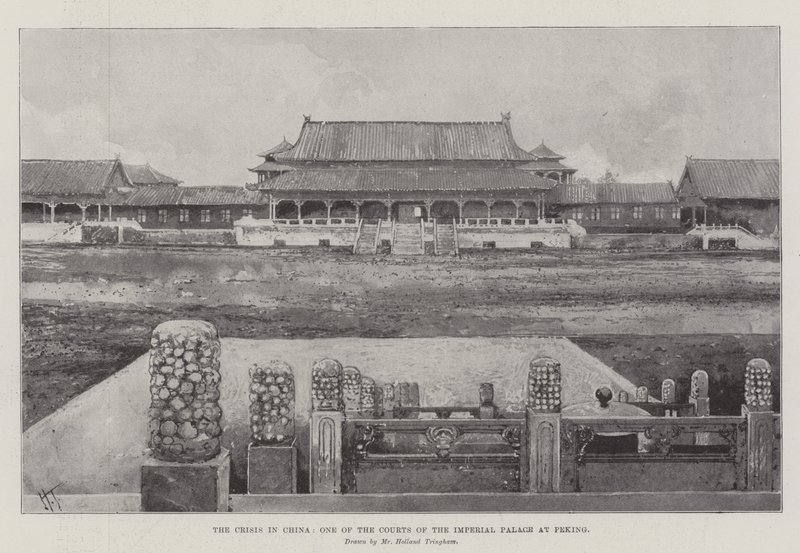 Krisen i Kina, en av domstolene til det keiserlige palasset i Peking av Joseph Holland Tringham