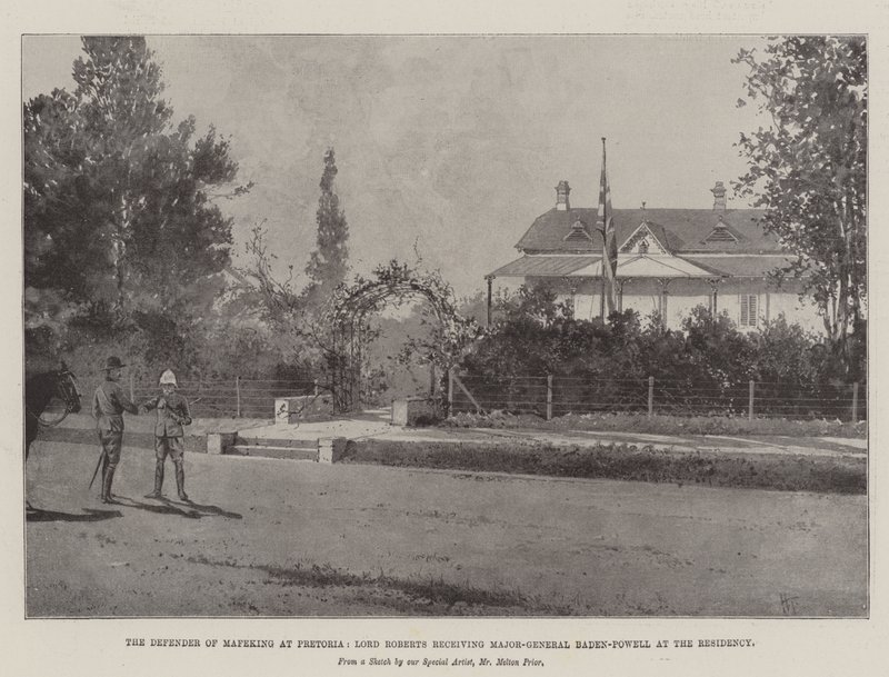 Forsvareren av Mafeking i Pretoria, Lord Roberts tar imot generalmajor Baden-Powell ved residensen av Joseph Holland Tringham
