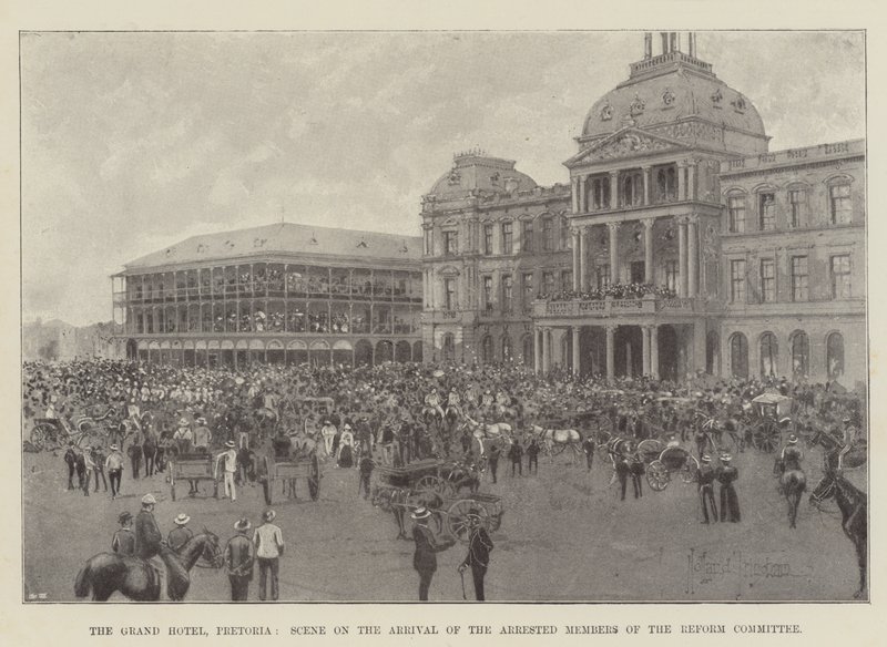 Grand Hotel, Pretoria, scene ved ankomsten til de arresterte medlemmene av reformkomiteen av Joseph Holland Tringham