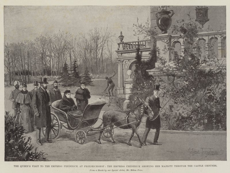 Dronningens besøk til keiserinne Frederick på Friedrichshof, keiserinne Frederick viser Hennes Majestet gjennom slottsområdet av Joseph Holland Tringham