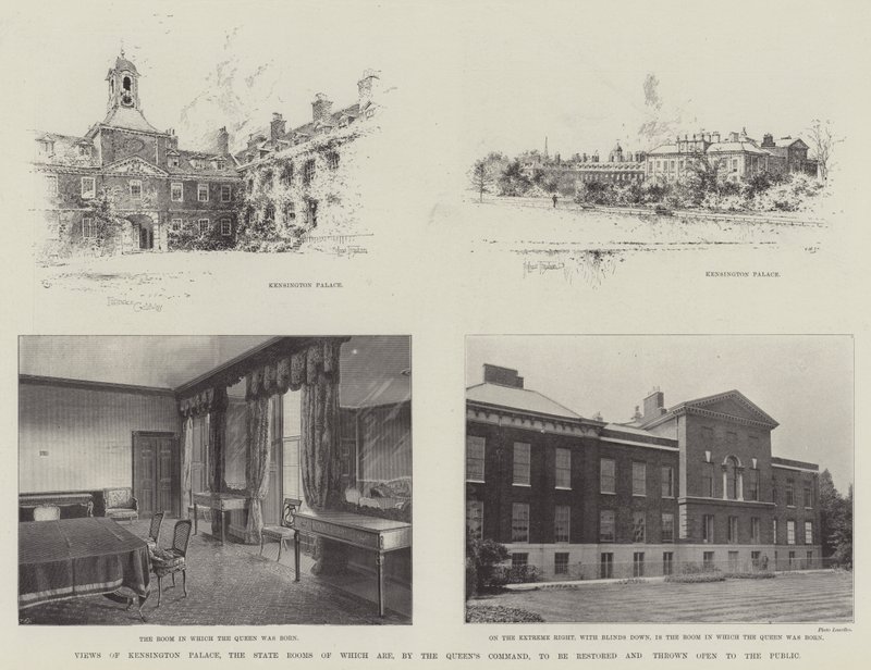 Utsikt over Kensington Palace, hvis statsrom etter dronningens kommando skal restaureres og åpnes for publikum av Joseph Holland Tringham