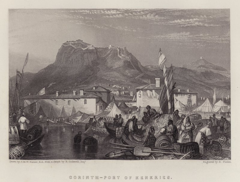 Corinth, Port of Kenkries (farge litho) av Joseph Mallord William (after) Turner