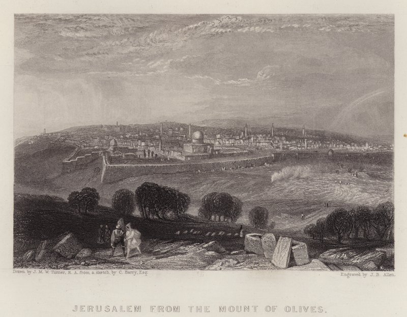 Jerusalem fra Oljeberget (farge litho) av Joseph Mallord William (after) Turner