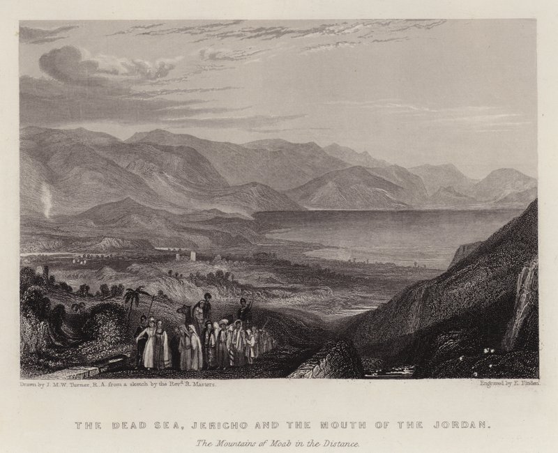 Dødehavet, Jeriko og Jordans munning, Moabs fjell i det fjerne (farge litho) av Joseph Mallord William (after) Turner