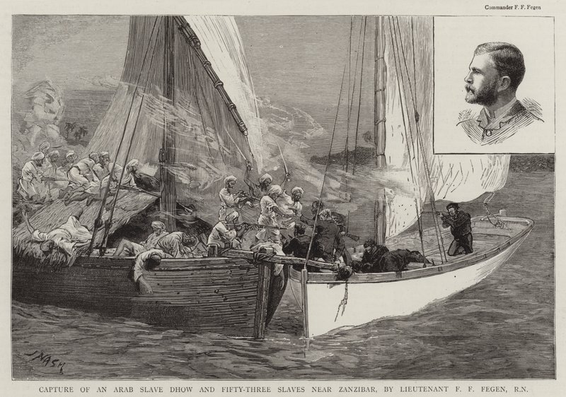 Fangst av en arabisk slave Dhow og femti-tre slaver nær Zanzibar, av løytnant F F Fegen, RN av Joseph Nash