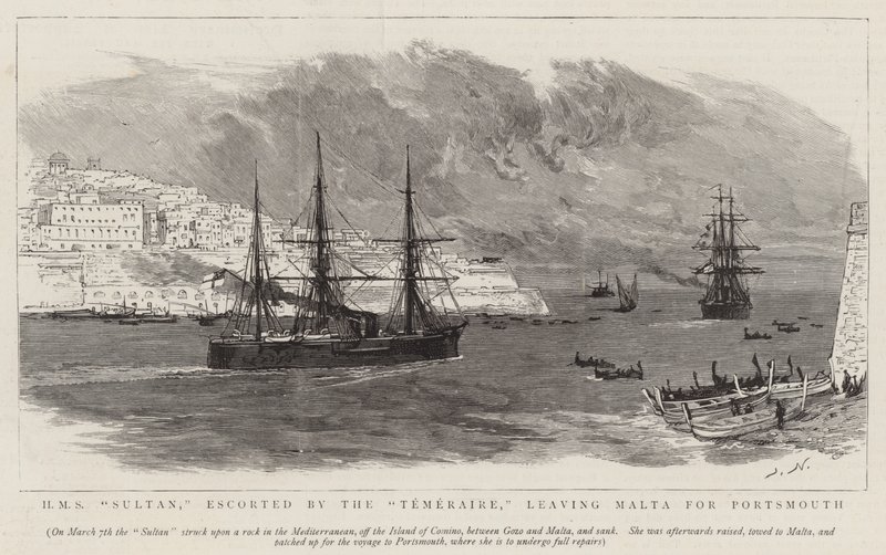HMS Sultan, eskortert av Temeraire, forlater Malta til Portsmouth av Joseph Nash