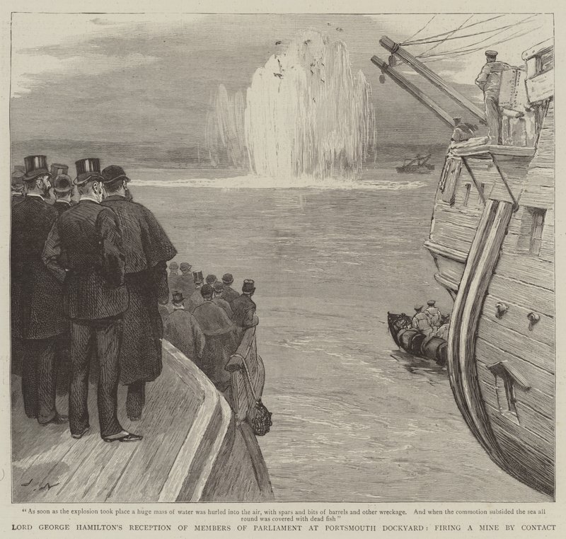 Lord George Hamiltons mottakelse av parlamentsmedlemmer ved Portsmouth Dockyard, avfyrte en gruve ved kontakt av Joseph Nash