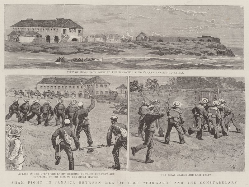 Sham Fight i Jamaica mellom Men of HMS Forward og Constabulary av Joseph Nash
