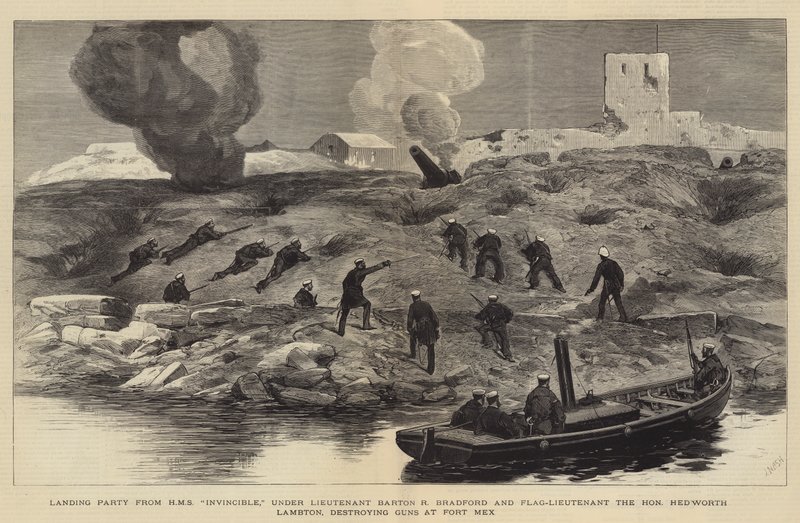 Bombardementet av Alexandria, Landing Party fra HMS Invincible, under løytnant Barton R Bradford og flaggløytnant den ærede Hedworth Lambton som ødelegger våpen ved Fort Mex av Joseph Nash