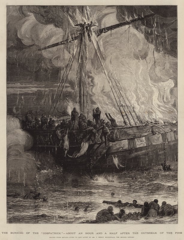 The Burning of the Cospatrick, omtrent en og en halv time etter brannutbruddet av Joseph Nash