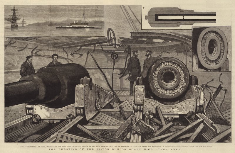 Sprengningen av 38-tonns pistol om bord på HMS Thunderer av Joseph Nash