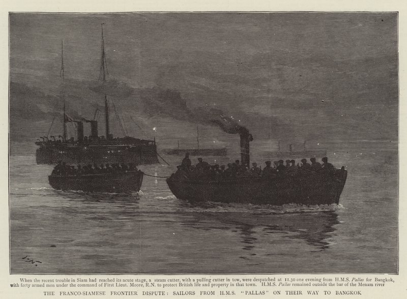 Den fransk-siamesiske grensetvisten, sjømenn fra HMS Pallas på vei til Bangkok av Joseph Nash