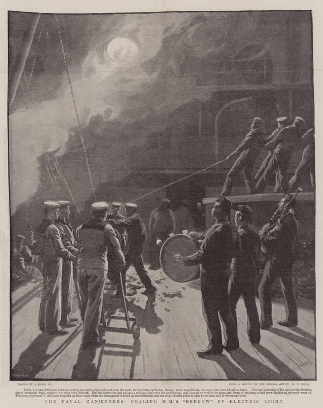 The Naval Manoevres, coaling HMS Benbow by Electric Light av Joseph Nash