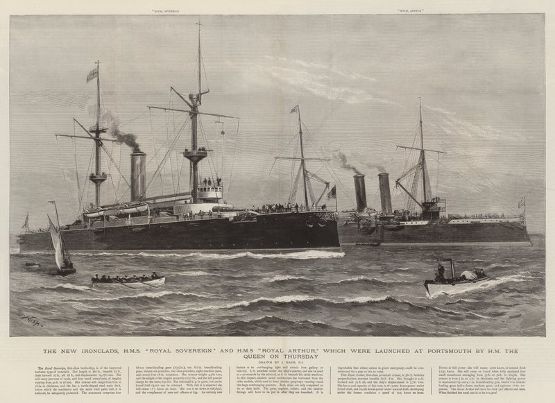 The New Ironclads, HMS Royal Sovereign og HMS Royal Arthur som ble lansert i Portsmouth av HM dronningen torsdag av Joseph Nash