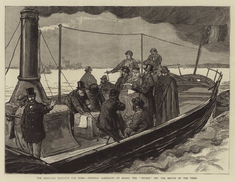 Den foreslåtte havnen for Roma, general Garibaldi om bord på Tevere utenfor munnen til Tiberen av Joseph Nash