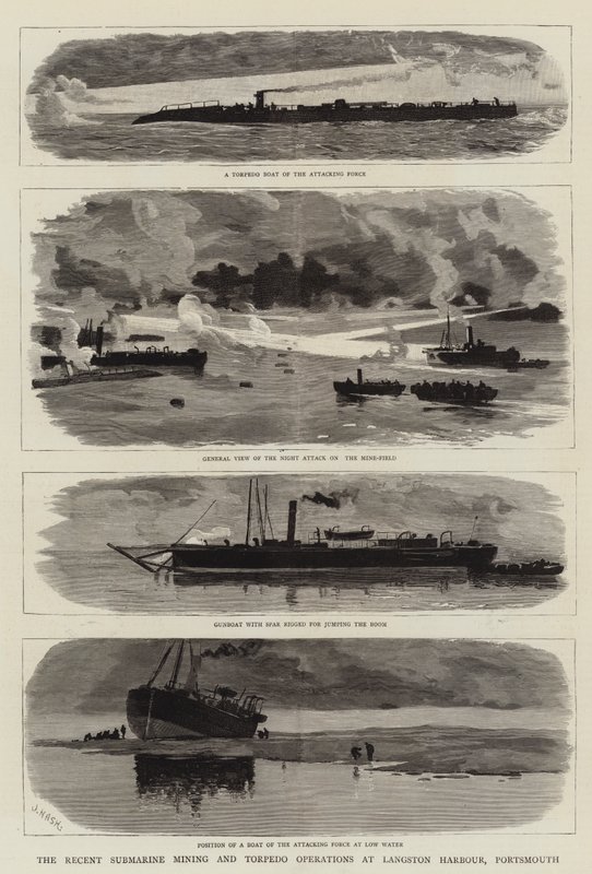 Den nylige ubåtgruvedriften og torpedooperasjonene ved Langstone Harbour, Portsmouth av Joseph Nash