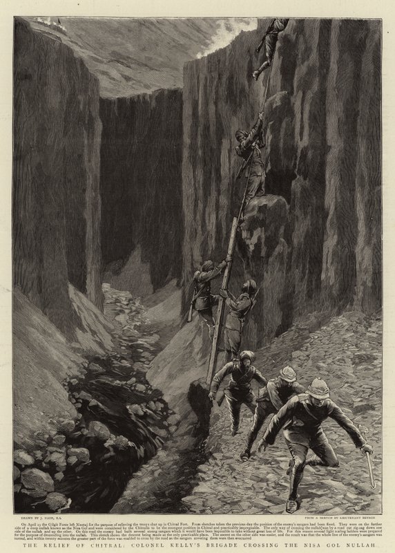 The Relief of Chitral, oberst Kellys brigade som krysser Nisa Gol Nullah av Joseph Nash