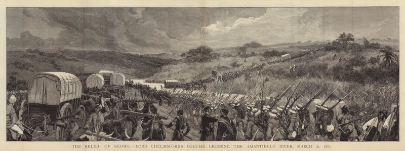 Relieffet til Ekowe, Lord Chelmsfords søyle som krysser Amantikulu-elven, 31. mars 1879 av Joseph Nash