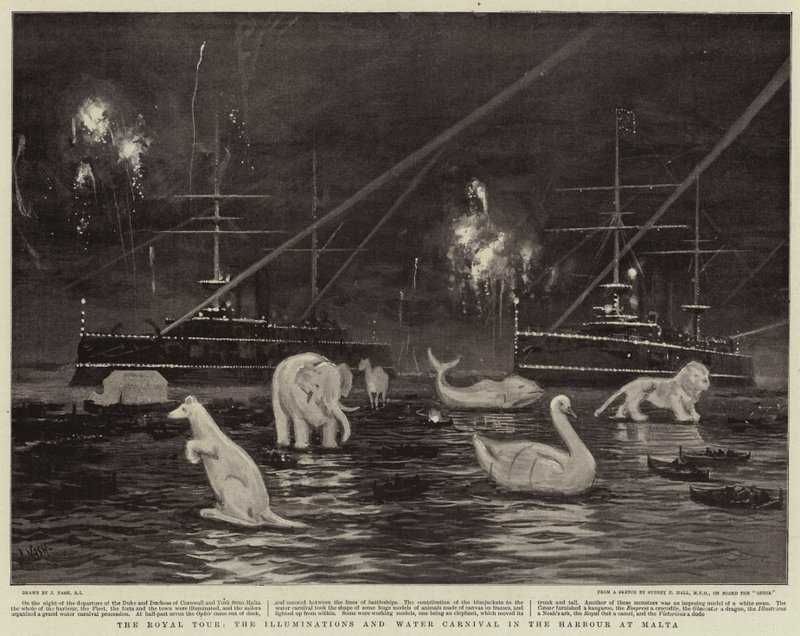 Royal Tour, Illuminations and Water Carnival i havnen på Malta av Joseph Nash
