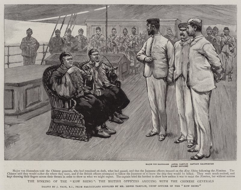 The Senking of the Kow Shing, de britiske offiserene som krangler med de kinesiske generalene av Joseph Nash
