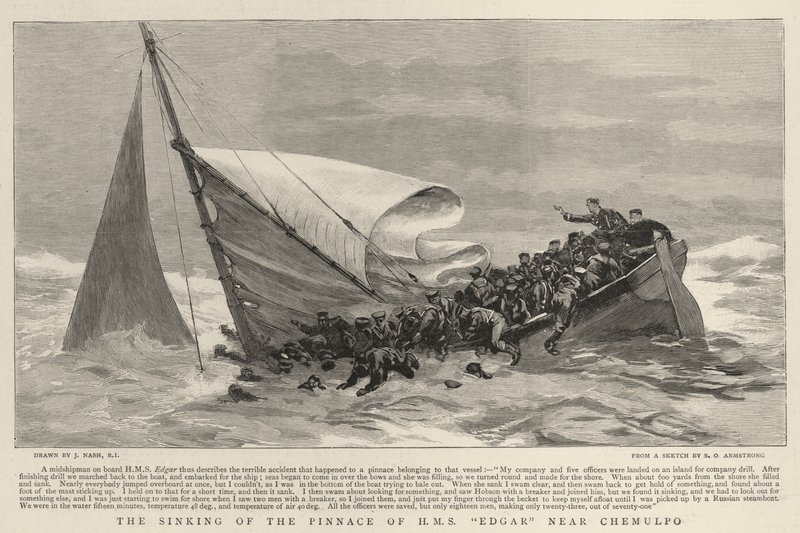 The Senking of the Pinnace of H M S Edgar nær Chemulpo av Joseph Nash